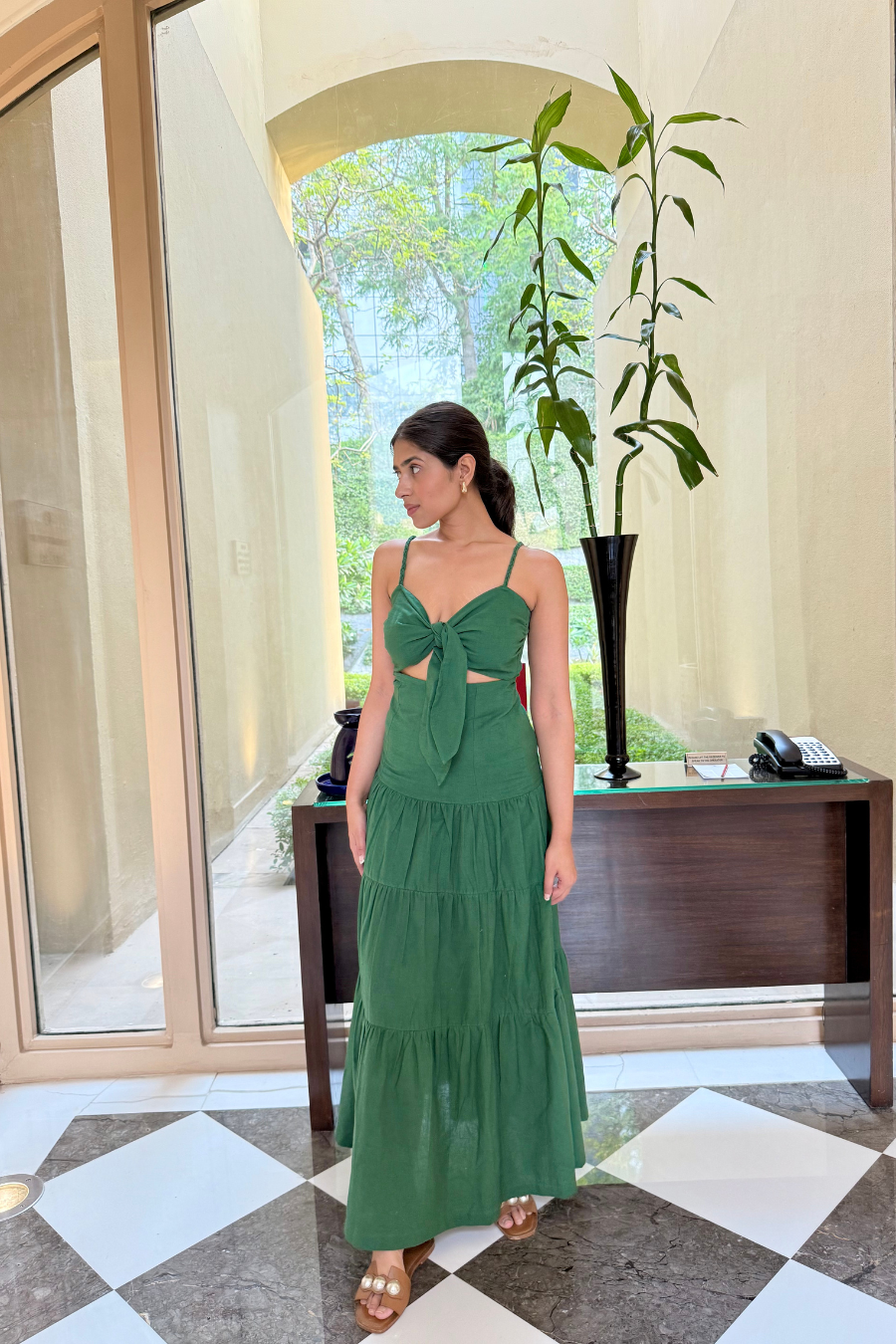 Simran Bedi in Olive Dawn Front Knot Dress