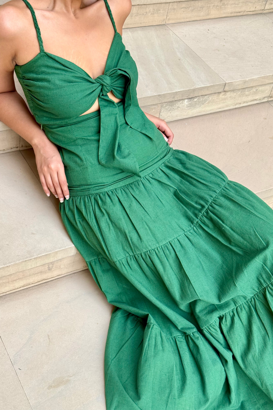 Simran Bedi in Olive Dawn Front Knot Dress