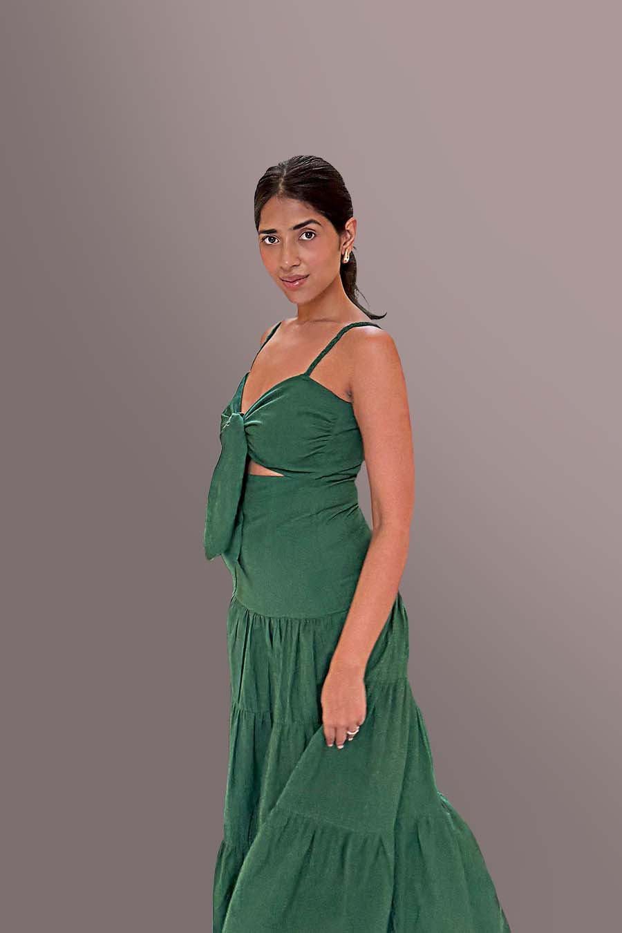 Simran Bedi in Olive Dawn Front Knot Dress