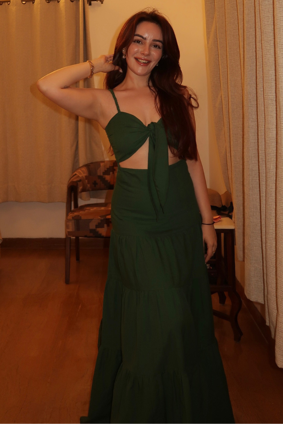 Simran Bedi in Olive Dawn Front Knot Dress